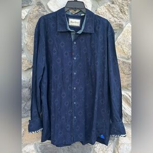 Robert Graham Flip Cuff Shirt Size 3XL Navy Blue Geometric Button Up Dress Shirt